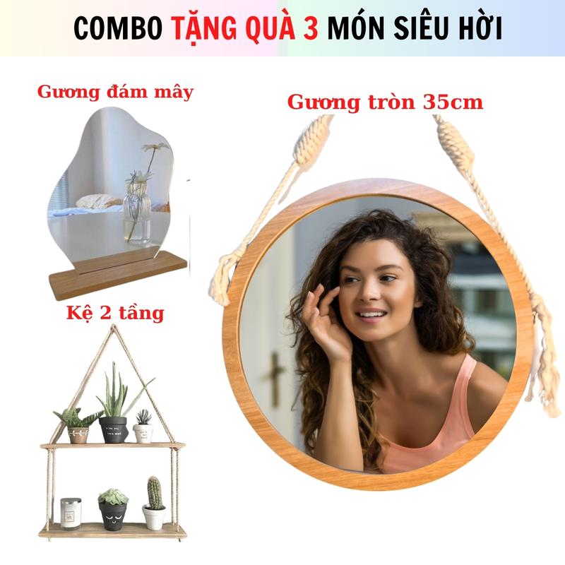 combo 3 món gương trang điểm treo tường, gương tròn viền gỗ 35cm Decor Phòng , tặng kệ decor 2 tầng Trang Trí Nhà mẫu mới , tặng gương đám mấy để bàn, kèm dây thừng và phụ kiện treo. Decor gương bể