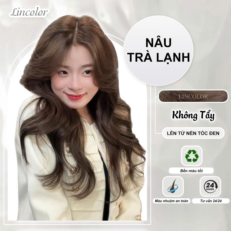 Thuốc nhuộm tóc màu  NÂU TRÀ LẠNH, không tẩy, LIN_COLOR, tặng kèm oxy trợ nhuộm và bao tay,trùm đầu, bịt tai, đổi màu tóc Dưỡng Tóc