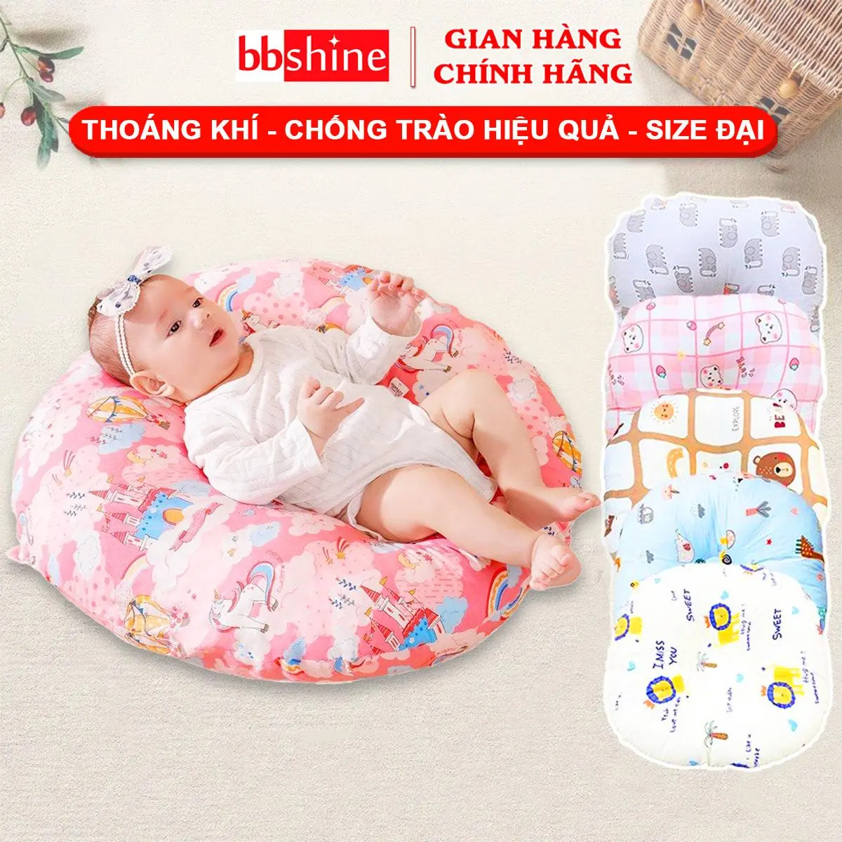 Gối Chống Trào Ngược Cho Bé 0-2 Tuổi Chất Cotton Cao Cấp Size Đại BBShine – SS011