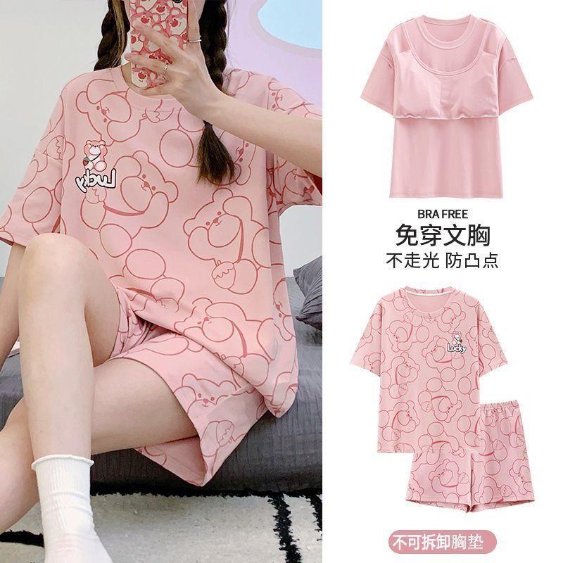 Product Introduction of Pajamas Women's Summer Short Oversleeves Sweet with Chest Pad Korean Cartoon Student Casual Homewear Loose plus Size Summer 34
