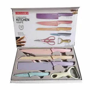 Pisau Dapur Set 6 in 1 Stainless Steel Diamond Knives Multicolor Gagang Anti Slip Cocok Hadiah & Peralatan Dapur Kitchenware dengan 6 Jenis Pisau dan Gunting Serba Guna