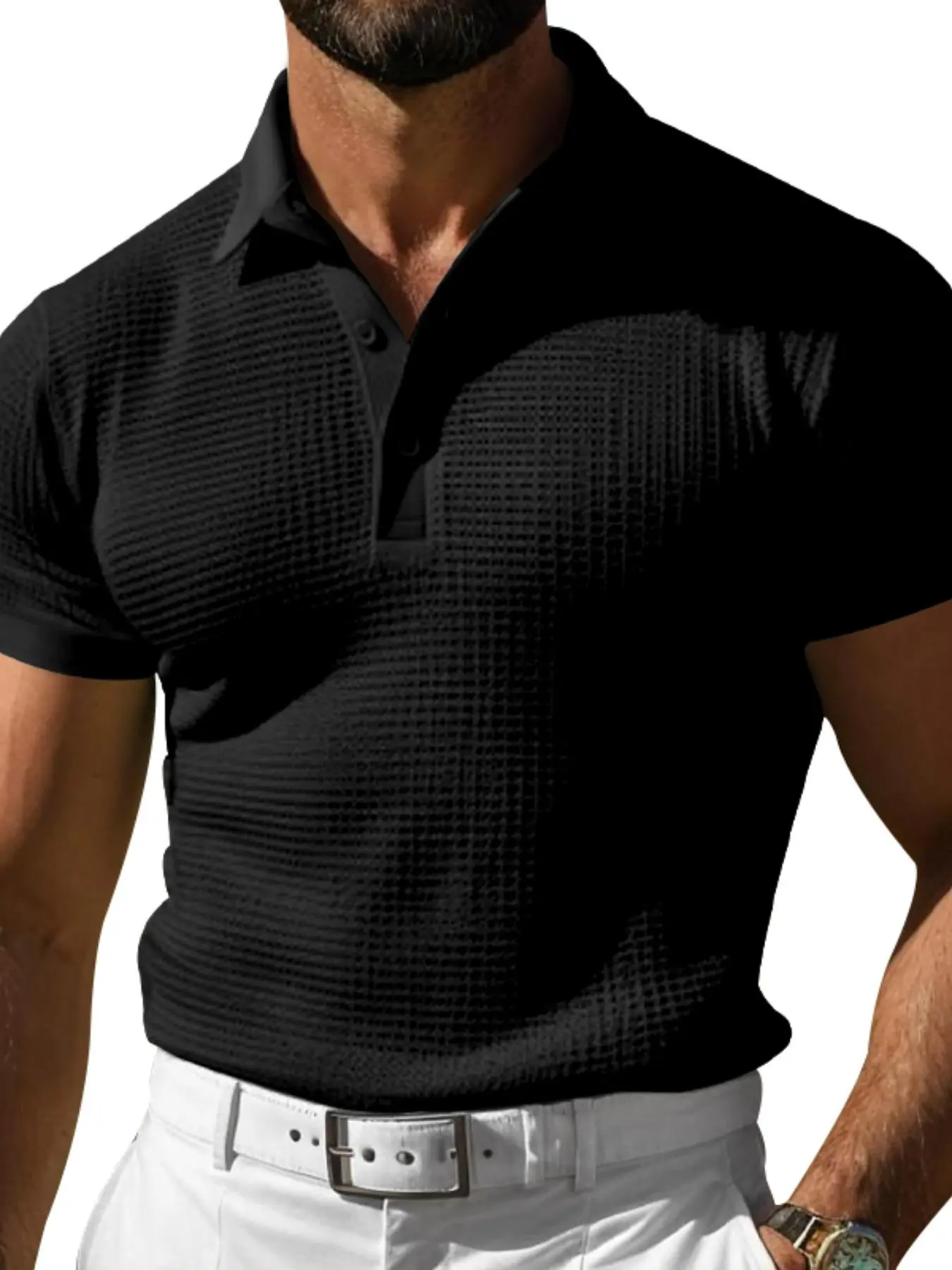 Men's Solid Color Jacquard Knitted Button Front Half Placket Polo Shirt, Regular Fit Casual Comfy Short Sleeve Collared Top for Summer, Fashion Men's Clothes for Daily Wear