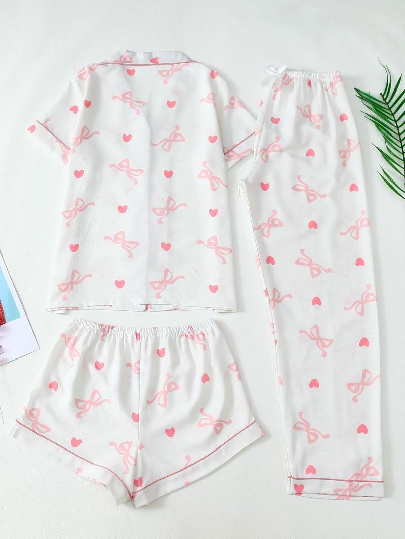 Product Introduction of Three-piece Set Women's Heart Print Top & Pants & Shorts Pyjama Set, Casual Comfy Round Neck Short Sleeve Top & Trousers & Shorts Pj Set, Ladies Sleepwear for All Seasons 8
