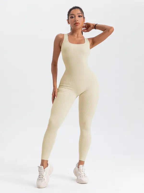 Women's Solid Backless Ribbed Sports Jumpsuit, Scoop Neck Seamless Jumpsuit, Ladies Sportswear Clothing, Sports Onesies, Summer Outfits 2024, Please Purchase A Size Up 2