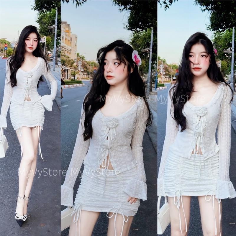 ￼SET ÁO CROPTOP HOA NGỰC CỔ V BÈO BODY TAY DÀI LOE + CHÂN VÁY BODY RÚT DÂY QUYẾN RŨ set  áo