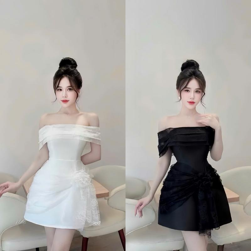 Đầm trễ vai đi tiệc A680 chất tafta phối ren cao cấp dáng ngắn kiểu 2 dây trong suốt trên vai có đệm mút và có lót quần freesize KimHoa77