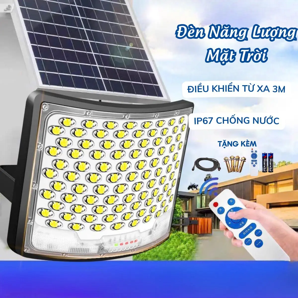 Đèn Led Năng Lượng Mặt Trời Sân Vườn 1368W Tích Điện 8-12 Tiếng IP67 Chống Nước Sáng 30-40m2