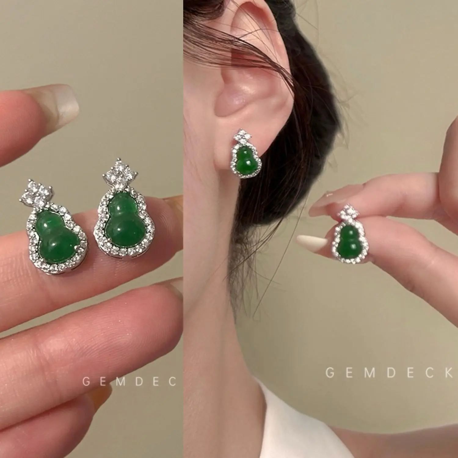 Emerald Chalcedony Gourd Earrings | All‑over Zircon | Modern Chinese Elegance full of diamond zircon earrings clip  earrings chow  tai  seng  jewelry gorjana  jewelry lucky  jewelry chrome hearts  brackets jiashi  jewelry tibetan  jewelry Purple Cryst