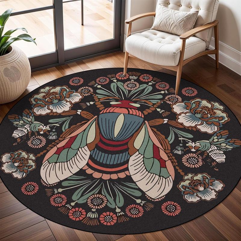 Vintage Lotus Insect & Flower Pattern Round Rug, 1 Count Non-slip ...