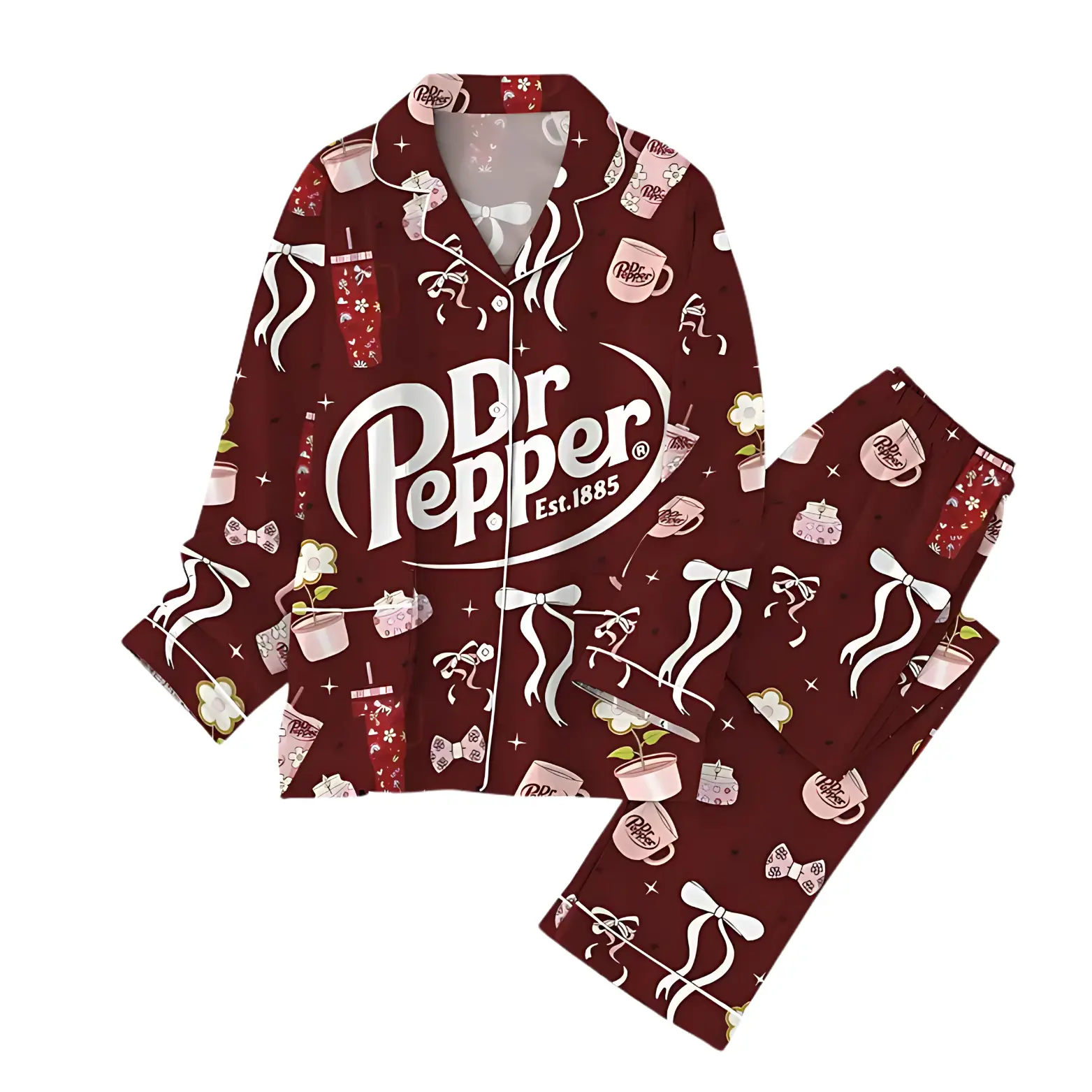 Funny Logo Dr Pepper Coquette Pajamas Set, Pink Bow Valentines Holiday Pyjamas, Soda Lover Pjs Pants, Loungewear For Party, Gift For Her Girly Sleepwear new silk