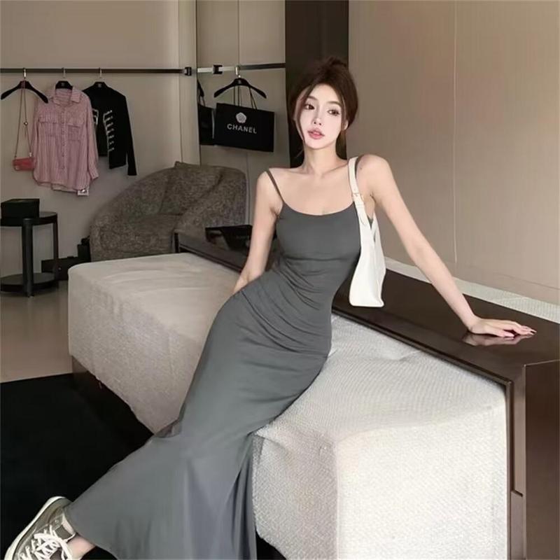 Product Introduction of Summer Dress Hot Girl Elastic Strap Dress Women Sleeveless Off-Shoulder Waist-Cinching One-Shoulder Base Long Dress 16