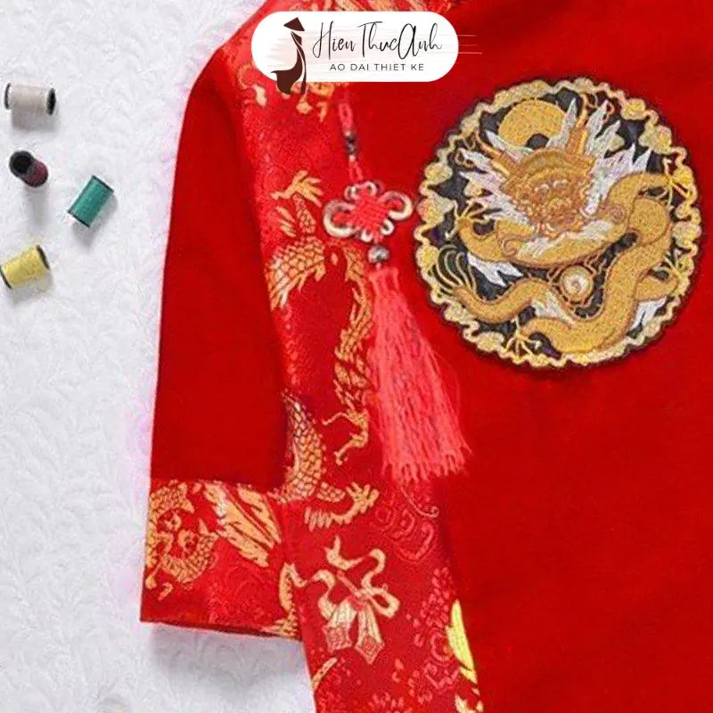 Áo dài cách tân bé trai bigsize thêu Mặt Rồng Phối Gấm tròn ngực kết hợp với khánh HTA305 - Áo dài Hiền Thục Anh 6