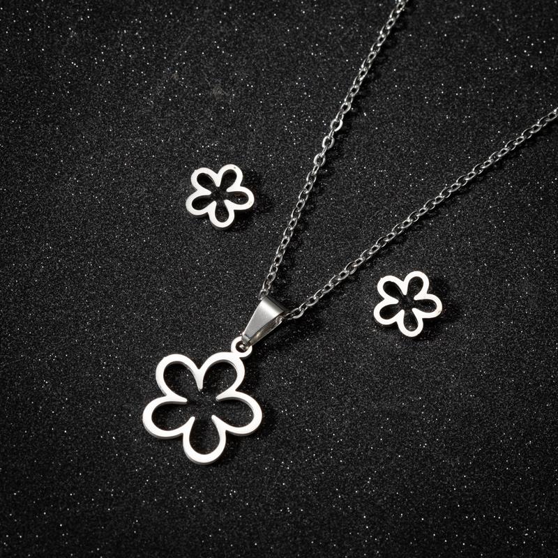 Product Introduction of Ins Style New 18K Gold Plated Stainless Steel Hollow Flower Earrings Korean and Japanese Niche Pendant Necklace Two-Piece Set 2
