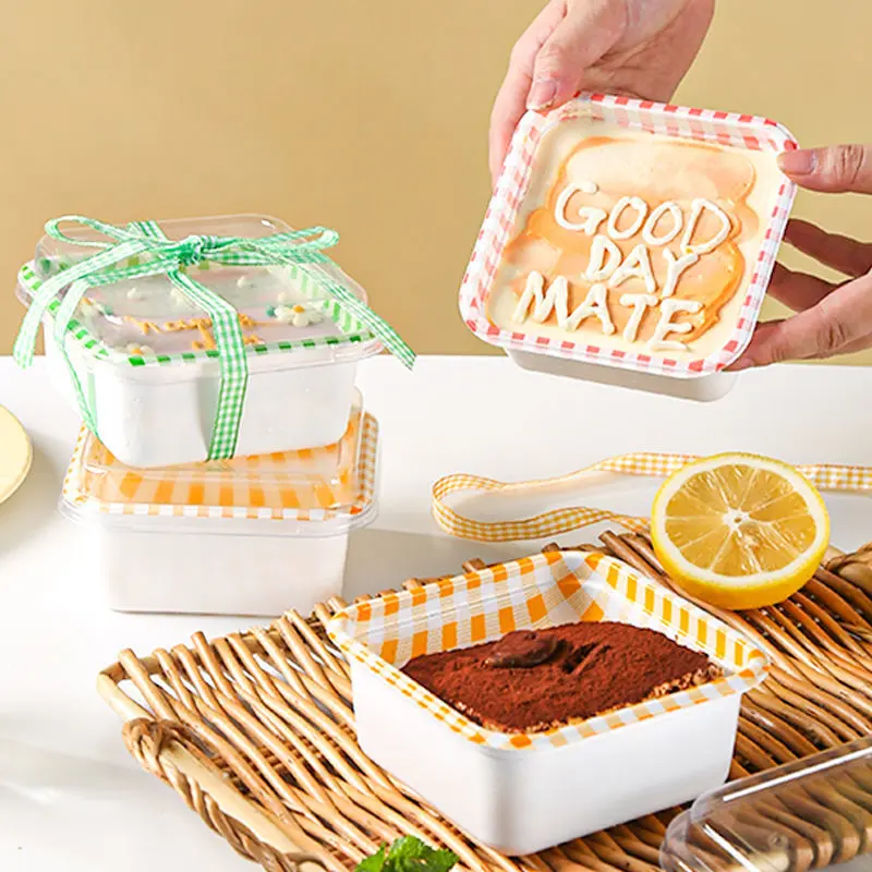 Hộp Bánh Bento Sọc Caro Họa Tiết Sắc Nét Dung Tích 450ml, Hộp Đựng Bánh Kem Tiramisu, Mousse Bento 5