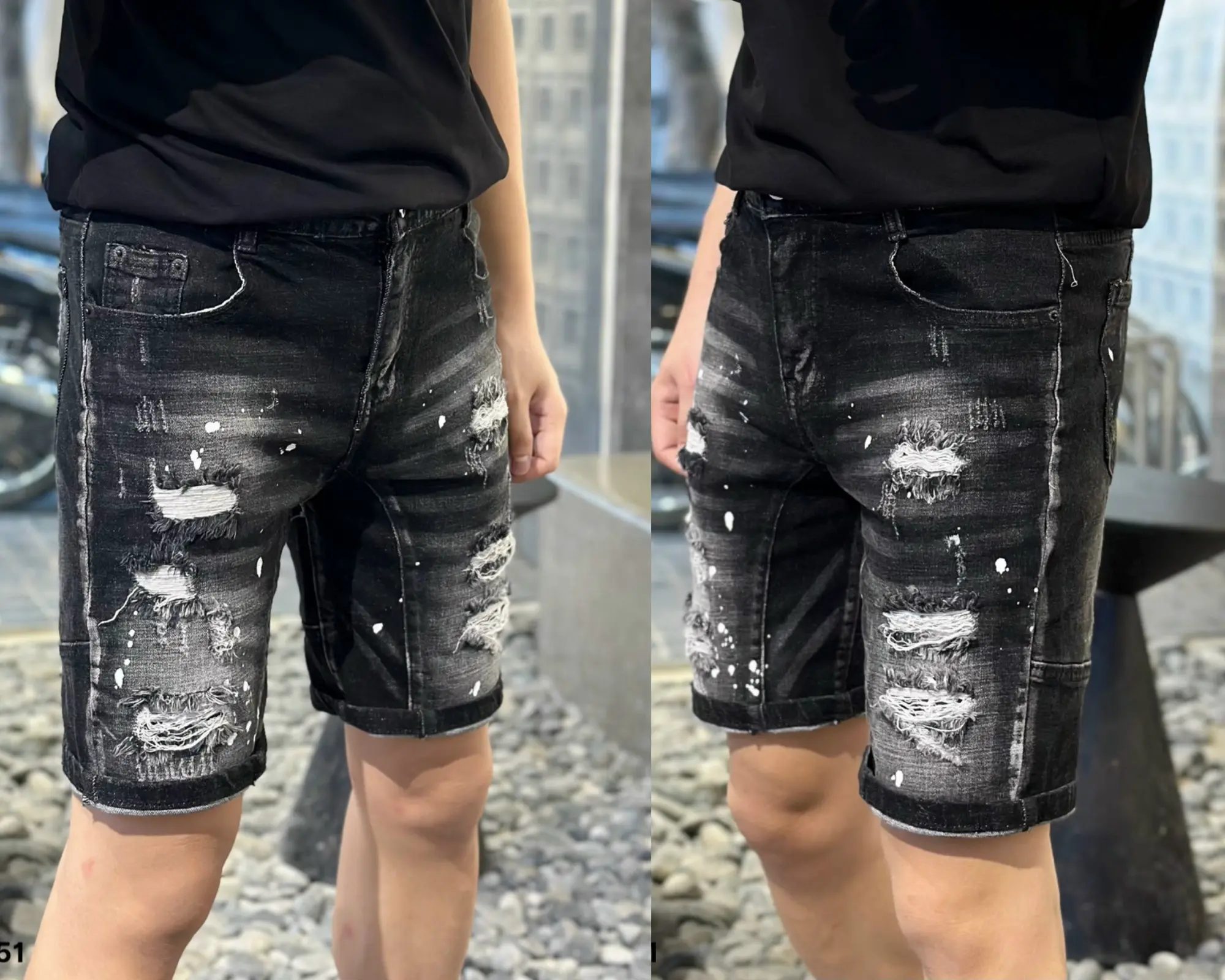 Quần jean short menswear thêu lá đỏ , mài xước vẩy sơn boy phố . Chất vải jean co dãn bốn chiều thoáng mát - pant shirt