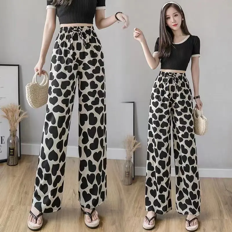 Hot-Selling Floral-Print Love Wide-Leg Pants Women's Summer Thin Loose plus Size High Waist Slim Trousers