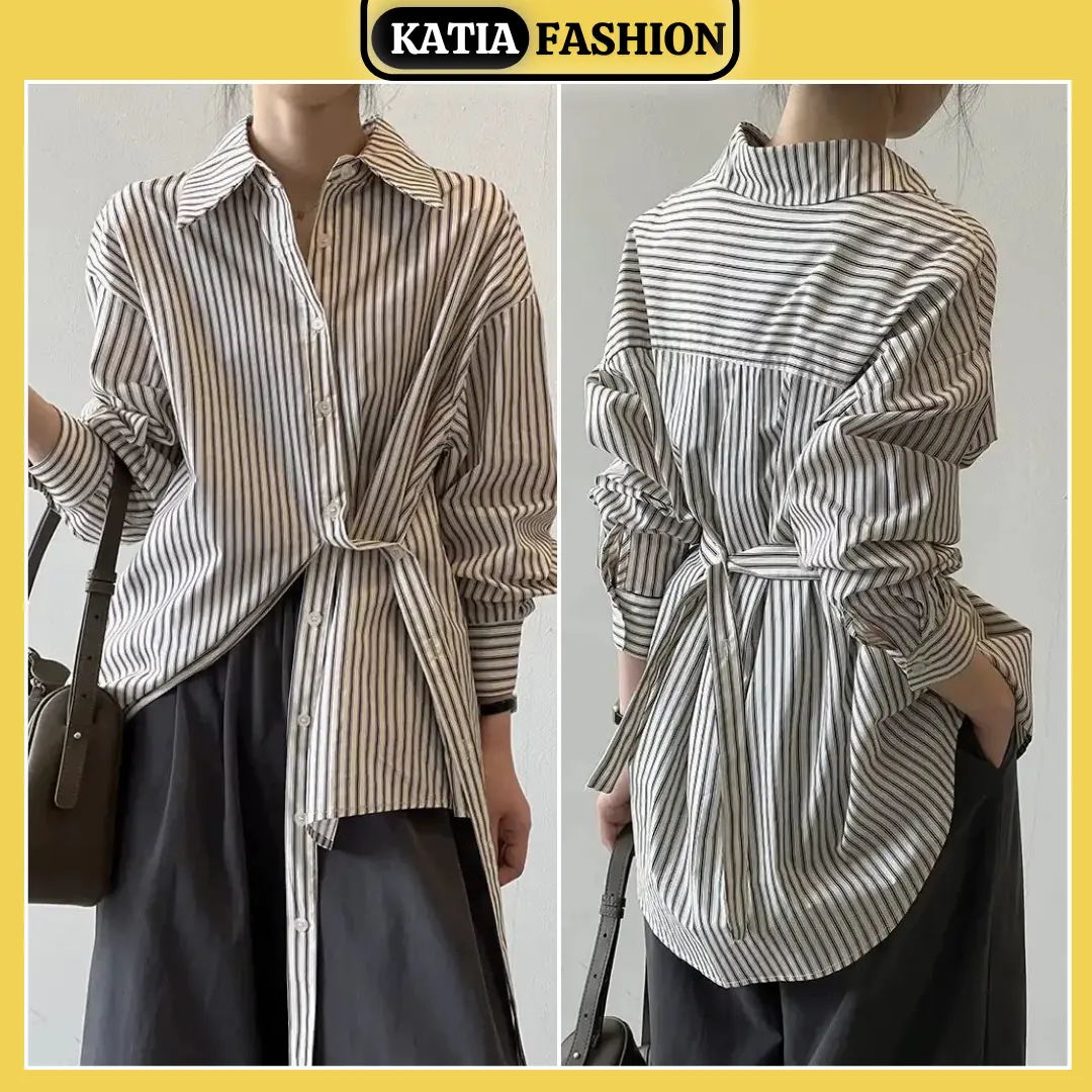 Áo Sơ Mi Kẻ Sọc Dài Tay, Chất Cotton Mềm Mại Thoáng Mát, Cổ Bẻ Thanh Lịch, Kèm Dây Thắt Eo Tạo Kiểu Đa Dạng – Thích Hợp Đi Làm, Dạo Phố, Phong Cách Trẻ Trung & Thời Thượng