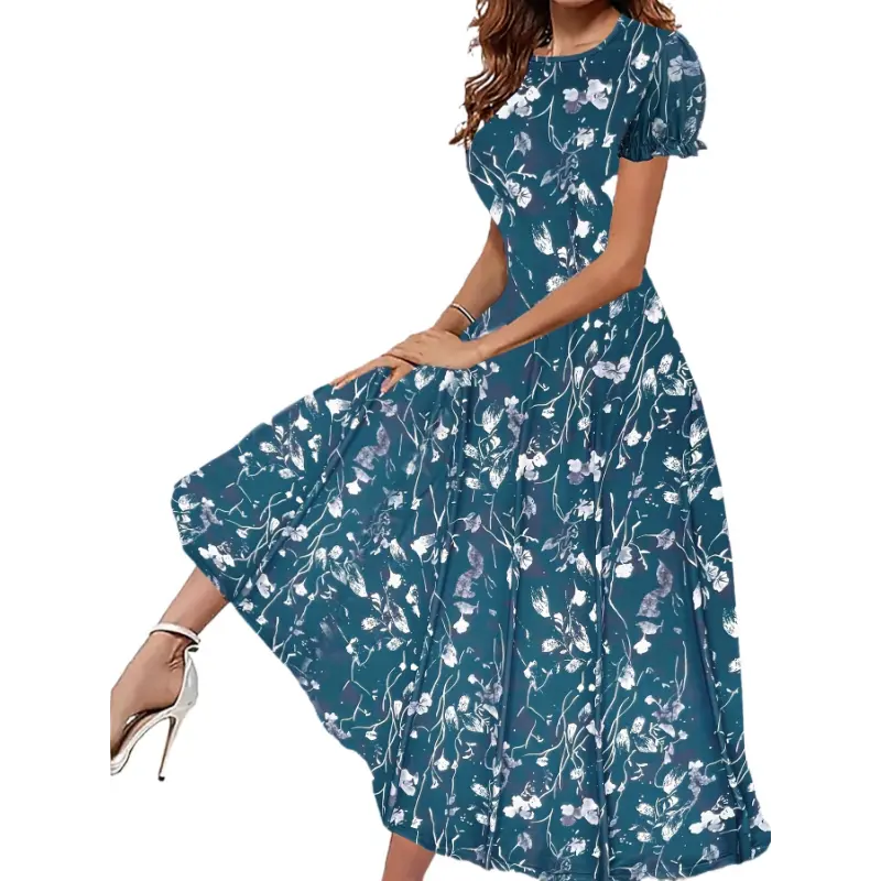 Short Sleeve Floral Print Elegant Crew Neck Dress for Spring & Summer, Women's Clothing Casual Fabric 0