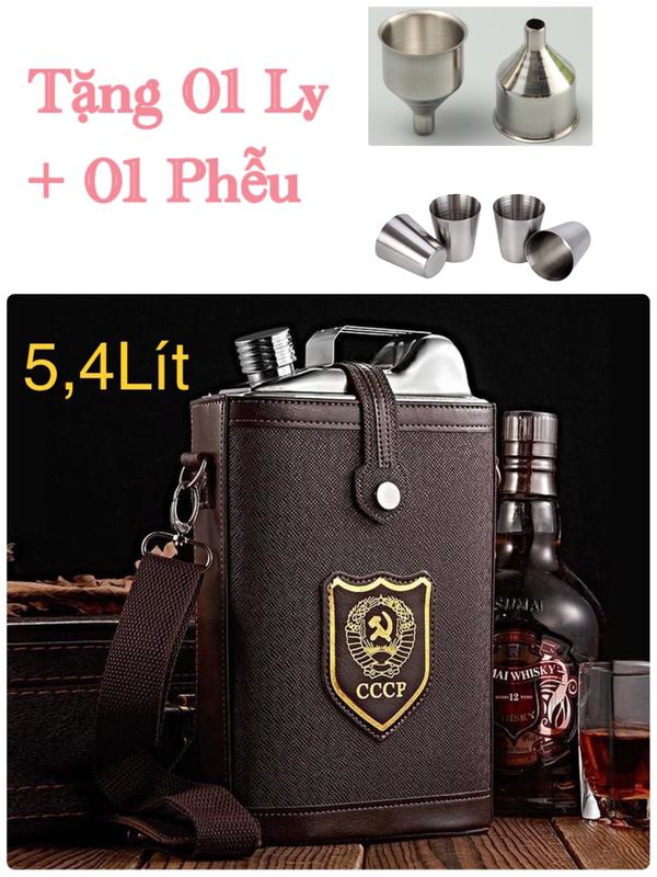 Bình tông Đựng nước Kiểu Dáng Can kháng chiến Dung tích 5L Inox 304, tặng bao đựng như hình, hàng dày 0,8mm Bình tông CCCP, có Ly và Phễu