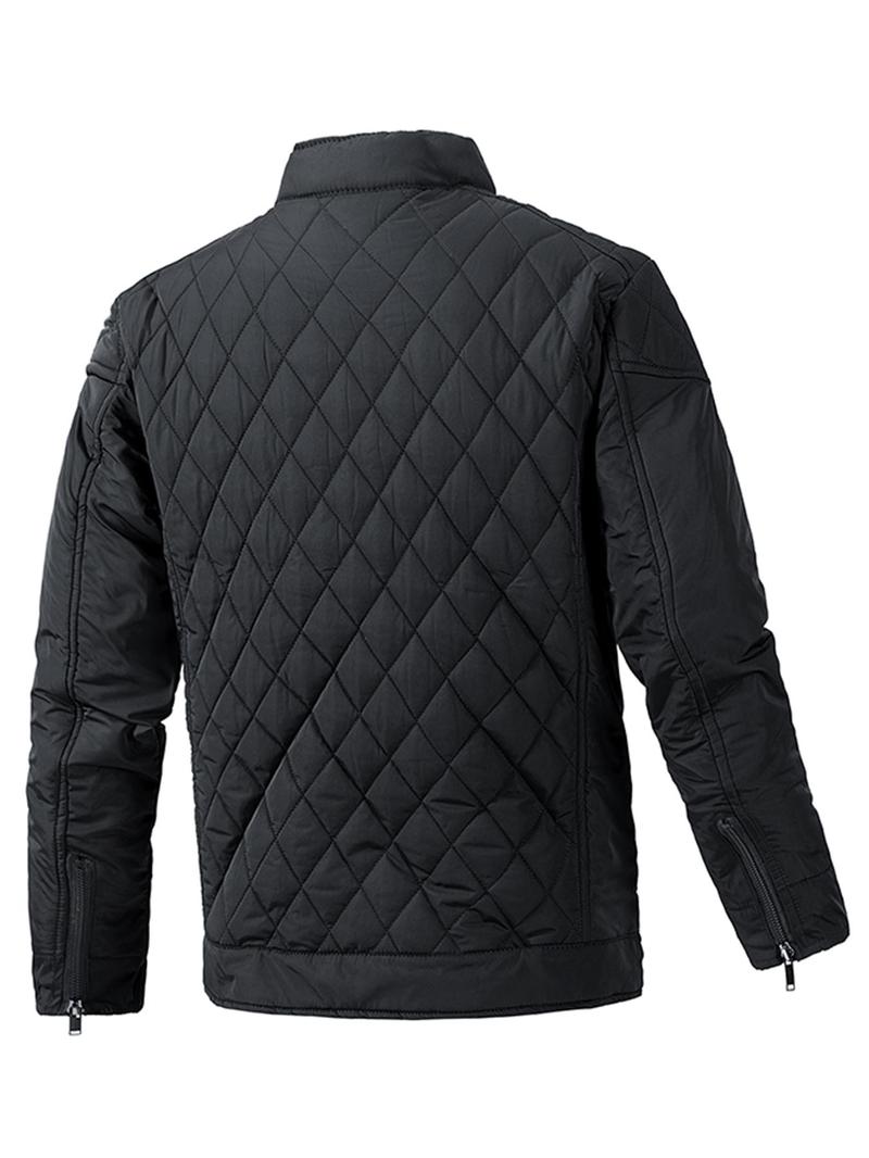 Product Introduction of Men's Solid Pocket Zipper Button Quilted Jacket, Regular Fit Casual Long Sleeve Stand Collar Outerwear for Fall & Winter, Men's Clothes for Daily Wear 7