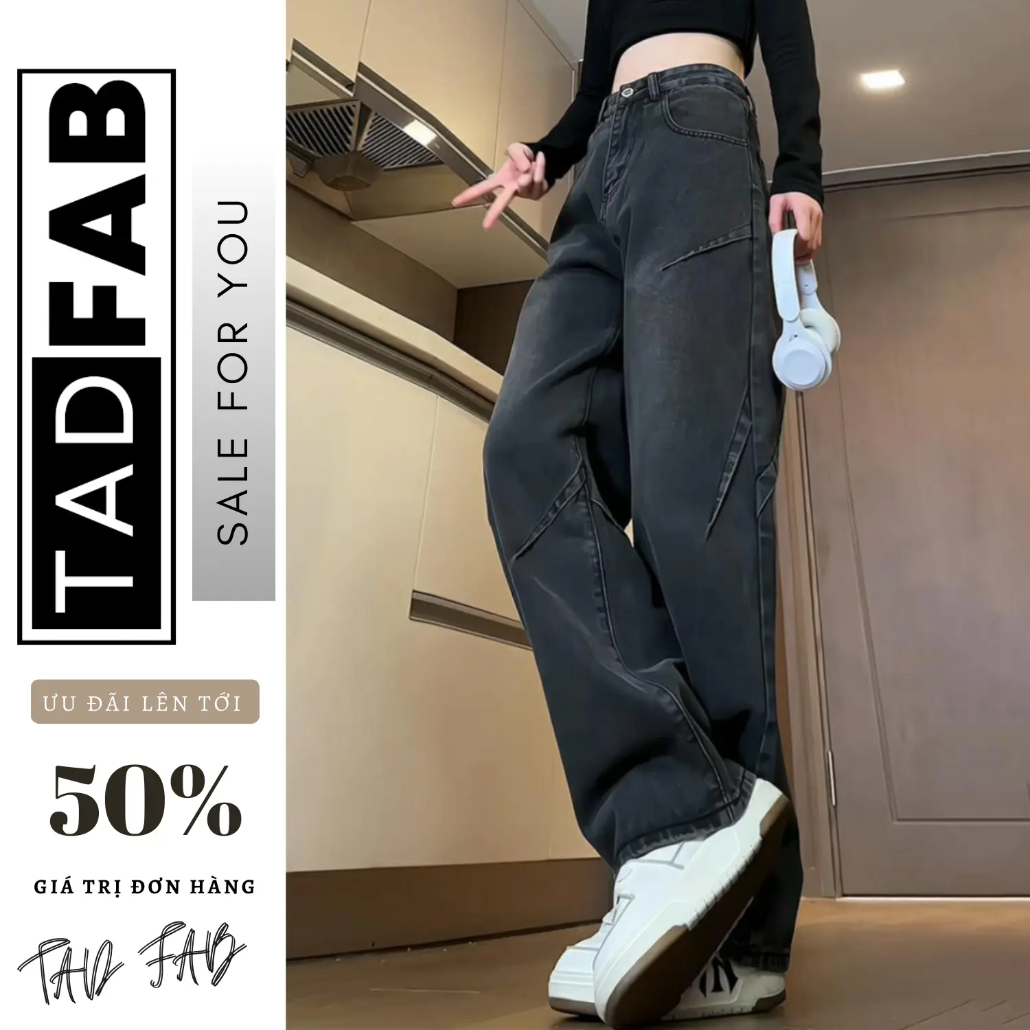 Quần Jeans ống suông cạp cao , hack dáng cực xinh mix gì cũng đẹp Nữ nhà TAD FAB