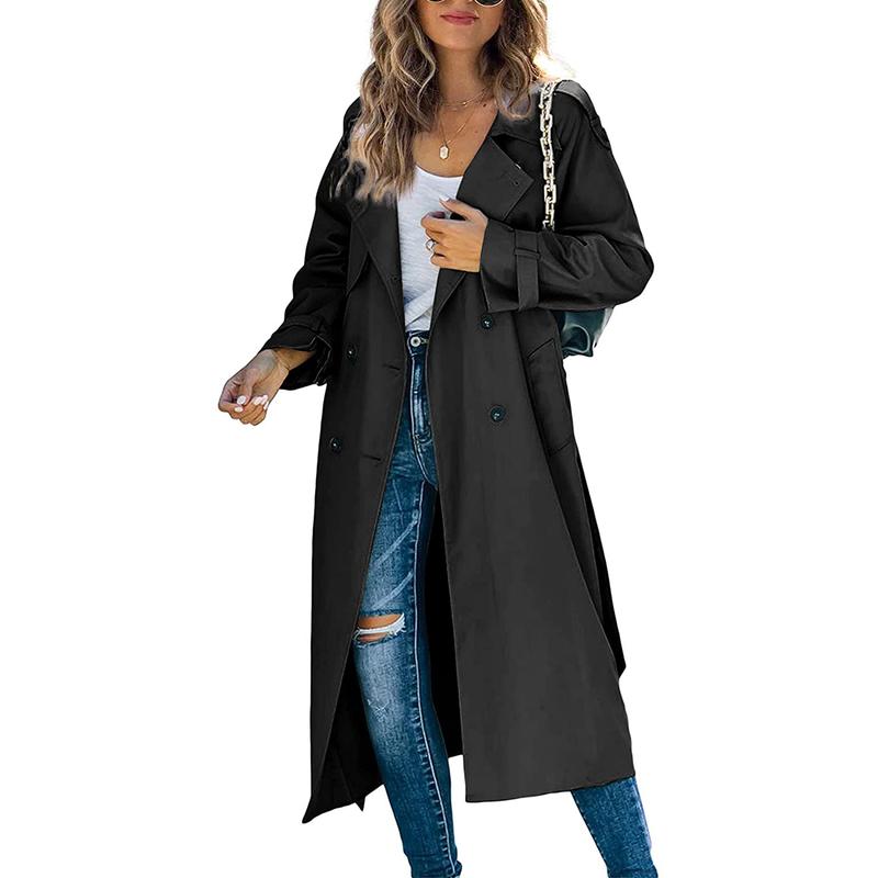 Product Introduction of Women´s Double Breasted Long Trench Coat, Classic Lapel Long Sleeve Windproof Overcoat with Belt Womenswear Army 42