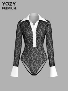 YOZY Women's Floral Lace Bodysuit, Elegant Long Sleeve Bodysuit for Spring & Fall, Women's Clothes for Daily Wear