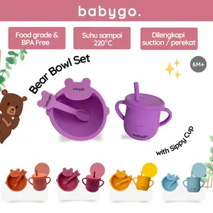 BabyGO - Silicone Bear Bowl Set Sippy Cup / Mangkok Silikon Bayi / Gelas Anak / Alat Makan Bayi MPASI