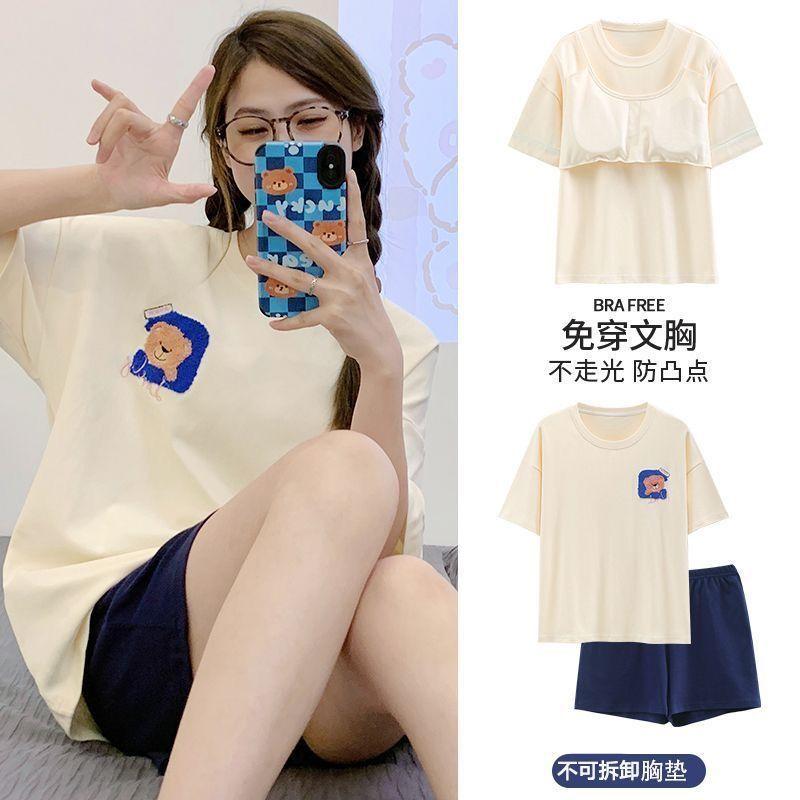 Product Introduction of Pajamas Women's Summer Short Oversleeves Sweet with Chest Pad Korean Cartoon Student Casual Homewear Loose plus Size Summer 35