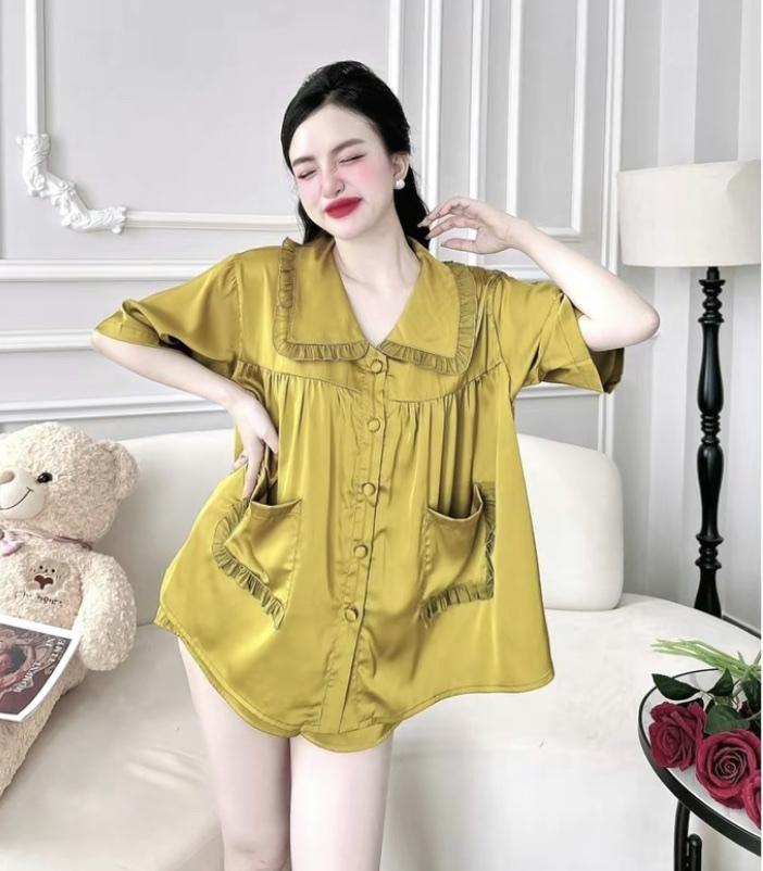 Product Introduction of Freesize (65Kg-90Kg) Bộ Pijama Đùi Nữ Áo Baby Doll Cổ Bèo Vải Lụa Latin Có Nút Bọc, Quần Đùi Ống Rộng Có Túi, Quần Áo Ngủ 10