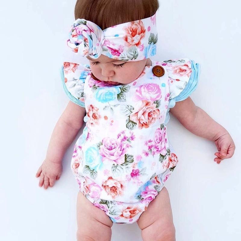 Product Introduction of 2PCS Clothes Set Newborn Baby Girls Flying Sleeve Flower Open Back Romper + Bow Headband Clothes 35
