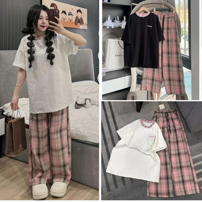 SET BỘ KẺ HỒNG In CHỮ MINMIN ĐEN TRẮNG PHONG CÁCH DỄ THƯƠNG Nữ Women Áo Voi Cotton Top 0