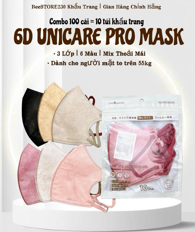 [UNICARE] COMBO 100 cái khẩu trang 6D PROMASK UNICARE 3 lớp mỏng nhẹ thoáng khí Phụ Kiện dành cho mặt trên 60kg cap