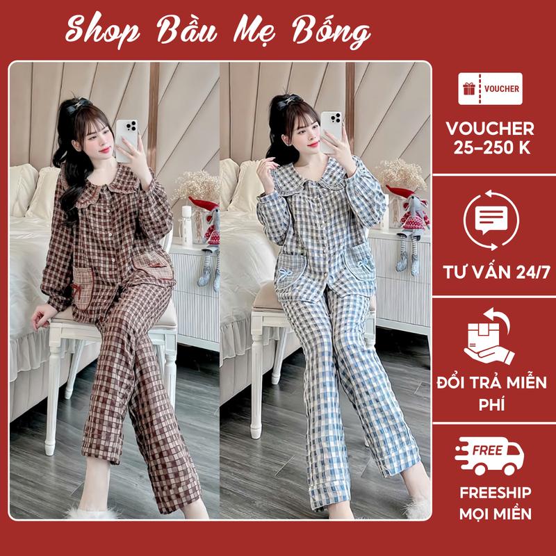 COMBO 2 Bộ Bầu Bộ Sau Sinh Mặc Nhà Quần Dài Áo Dài Kẻ Túi Nơ Cổ Bèo Vải Đũi Gân Nhung Mềm Dưới 72kg Dành Riêng Cho Mẹ Bầu Xinh Xắn Thoải Mái