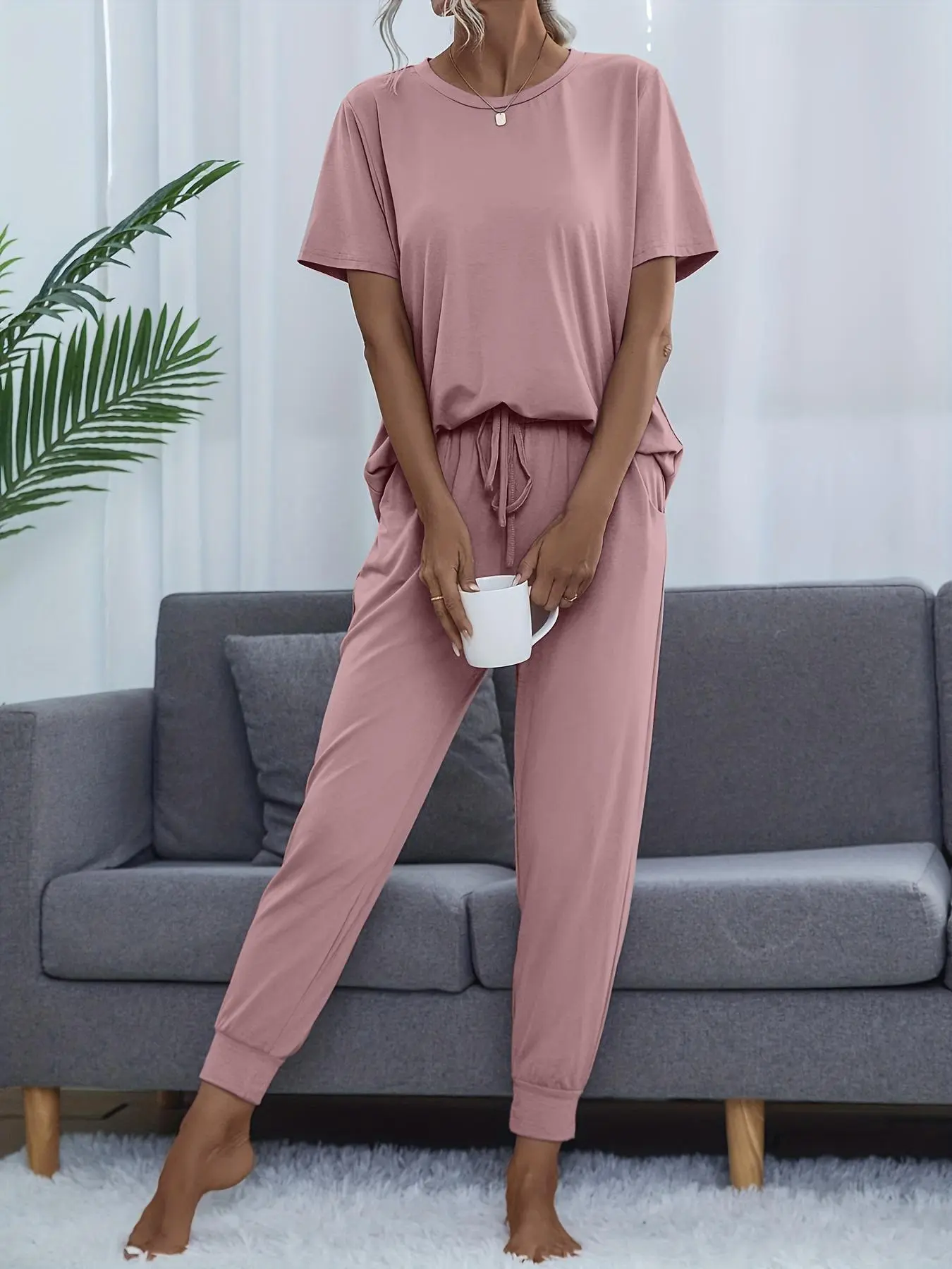 Women's Solid Color Top & Pants Pyjama, Casual Comfy Round Neck Short Sleeve Tee & Trousers PJ Set, Ladies Sleepwear for Summer
