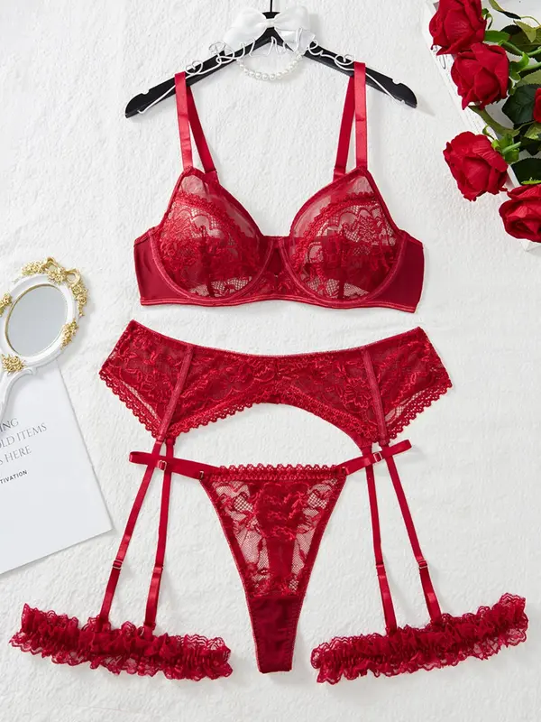 【Plus Size】 Floral Lace Sexy Lingerie Set, Sexy Push Up Bra & Thong & Garter Belt Set, Women's Lingerie & Underwear for All Seasons 6