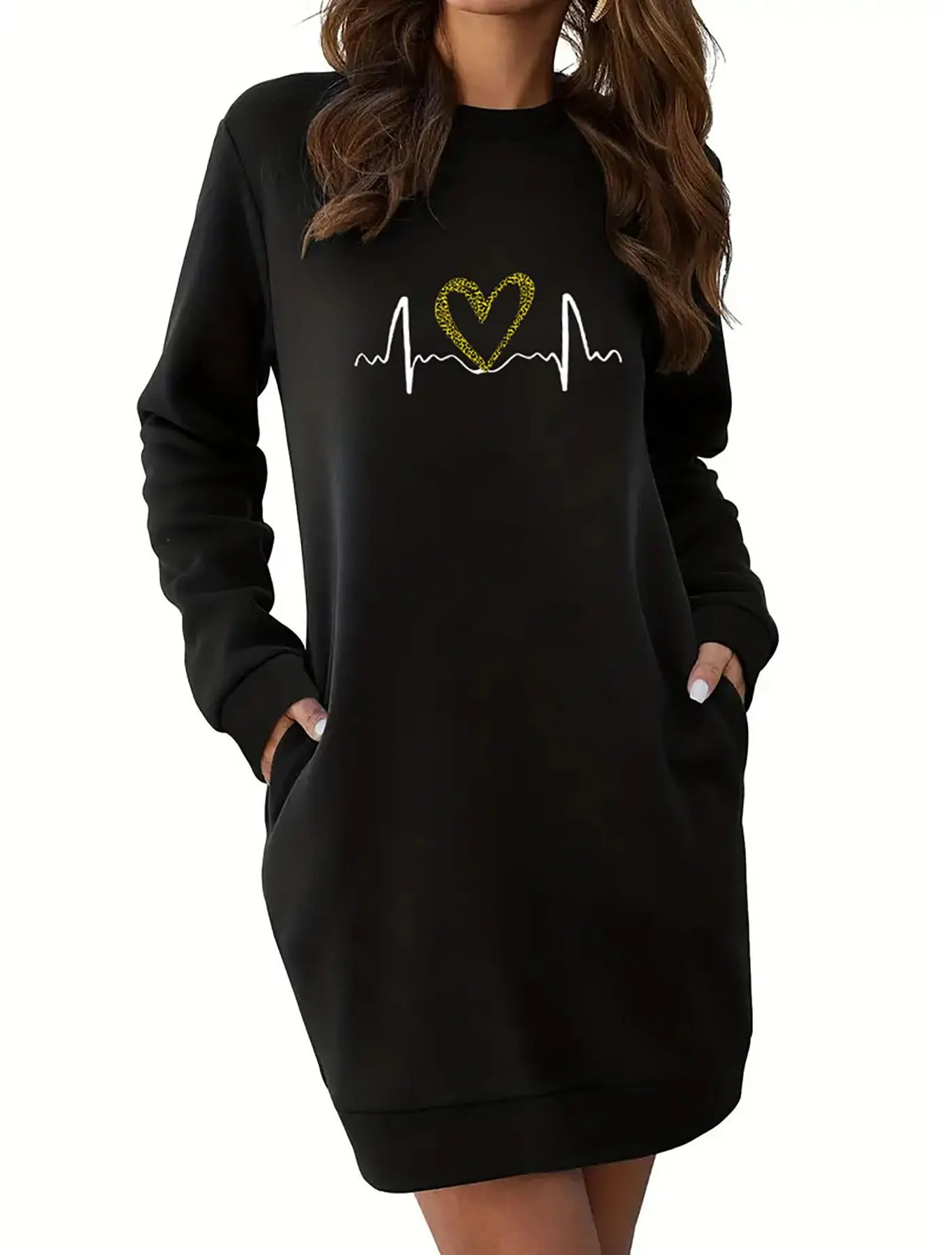 Women's Heart Print Pocket Thermal Lined Sweatshirt Dress, Casual Long Sleeve Round Neck Short Dress for Fall & Winter, Women's Clothes for Daily Wear Valentine's Day, Dresses for Women