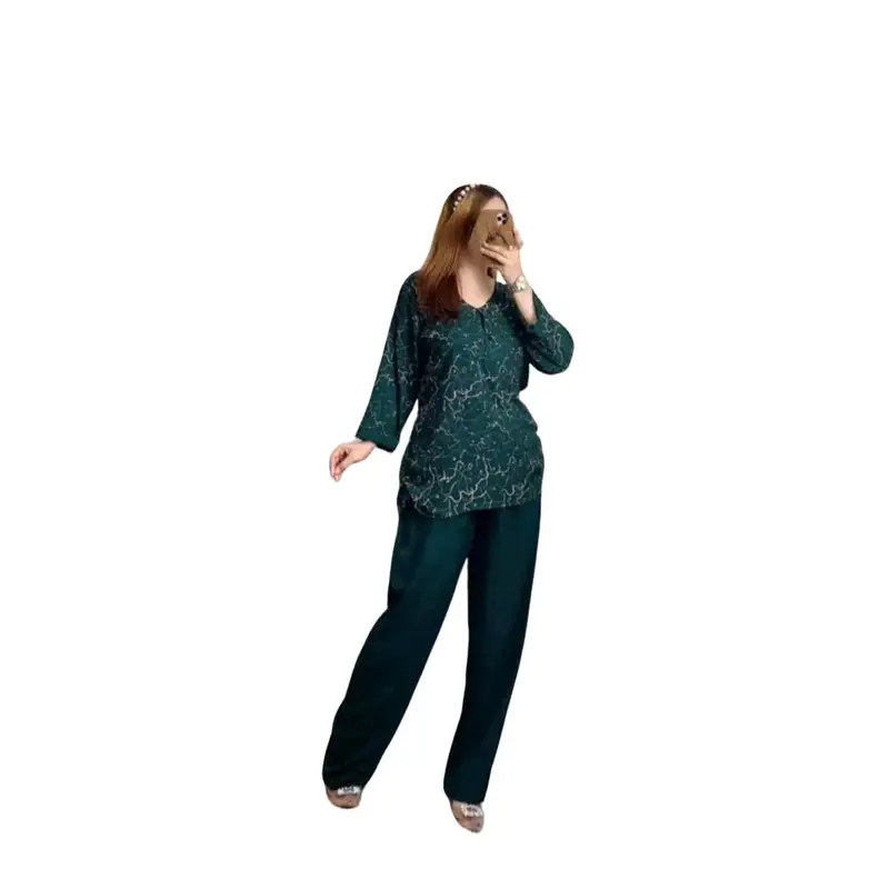 Setelan Wanita CPLP Lengan panjang Motif Abstrak Kancing Nyaman Atasan Baju Celana Rayon Santai Variasi Panjang Pendek one set rayon lengan panjang 0