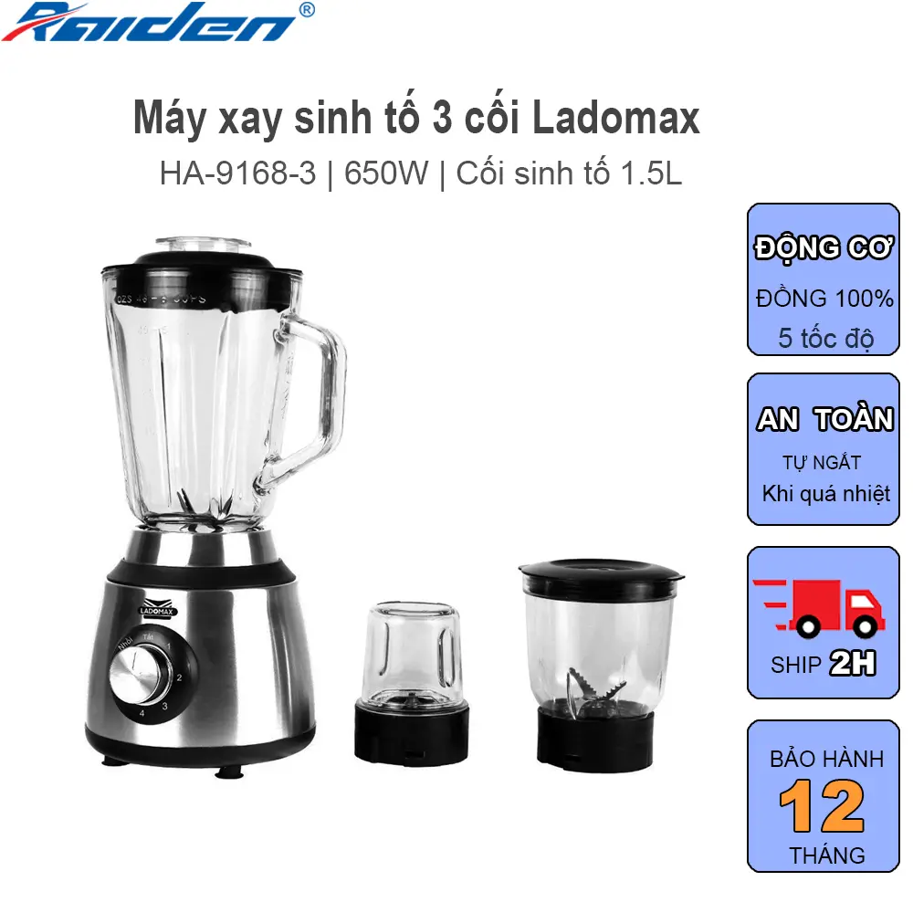 Máy xay sinh tố đa năng 3 cối Ladomax HA-9168-3 động cơ đồng công suất 650W, thiết kế 3 cối Inox