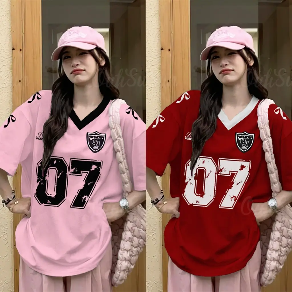 Petite Girl V-neck Shirt Loose Outdoor Casual Korean Style Outdoor Sports Jersey T-shirt Short-sleeved Top T-shirt Fashion Street Popular Shirt Daily T-shirt Womenswear Check Lingerie Comfort Streetwear Summer Maternity Baggy Oversize