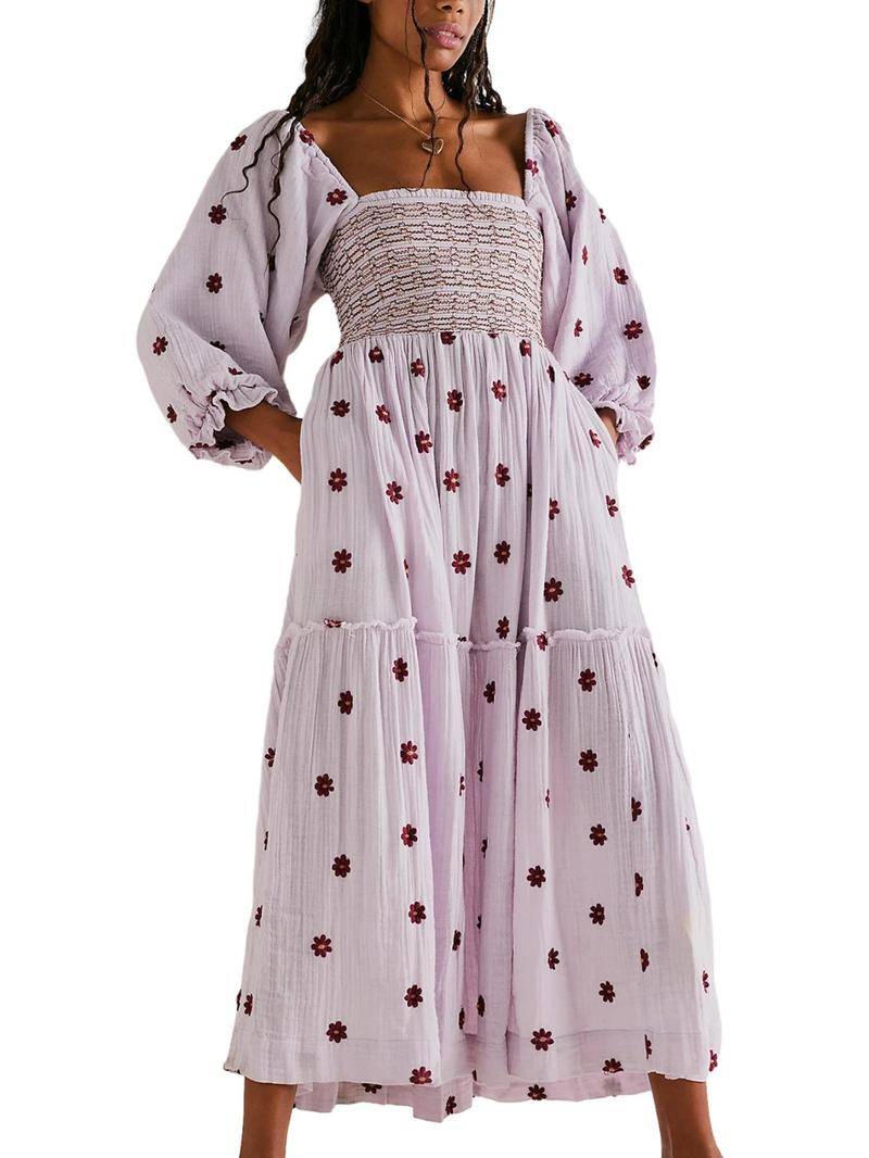 Product Introduction of Women's Floral Embroidery Frill Trim Shirred Flounce Sleeve Dress, Boho Fashion Long Sleeve Square Neck A Line Dress for Daily Holiday Vacation Wear, Ladies Dress for All Seasons, Dresses for Women,  Spring Dress 4