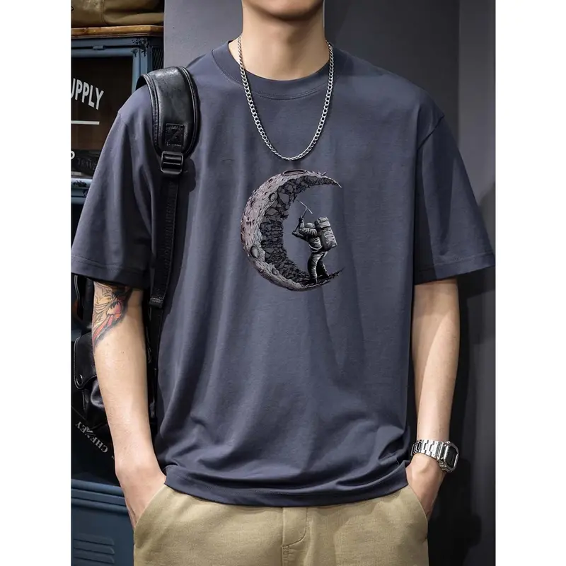 Baju Trip Adventure Men's 100% Cotton Casual Crew Neck T-Shirt with Alphabet Moon Digital Heat Transfer Print - Regular Fit Knit Fabric Short Sleeve Top with Slight Stretch kaos  psht 1