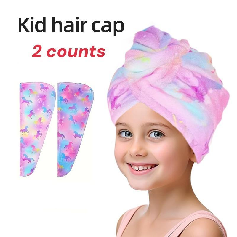 Hair Towel Wrap with Button, 1 Set Cute Cartoon Pattern Hair Drying Towel, Water Absorbent Hair Towel for Kids 2