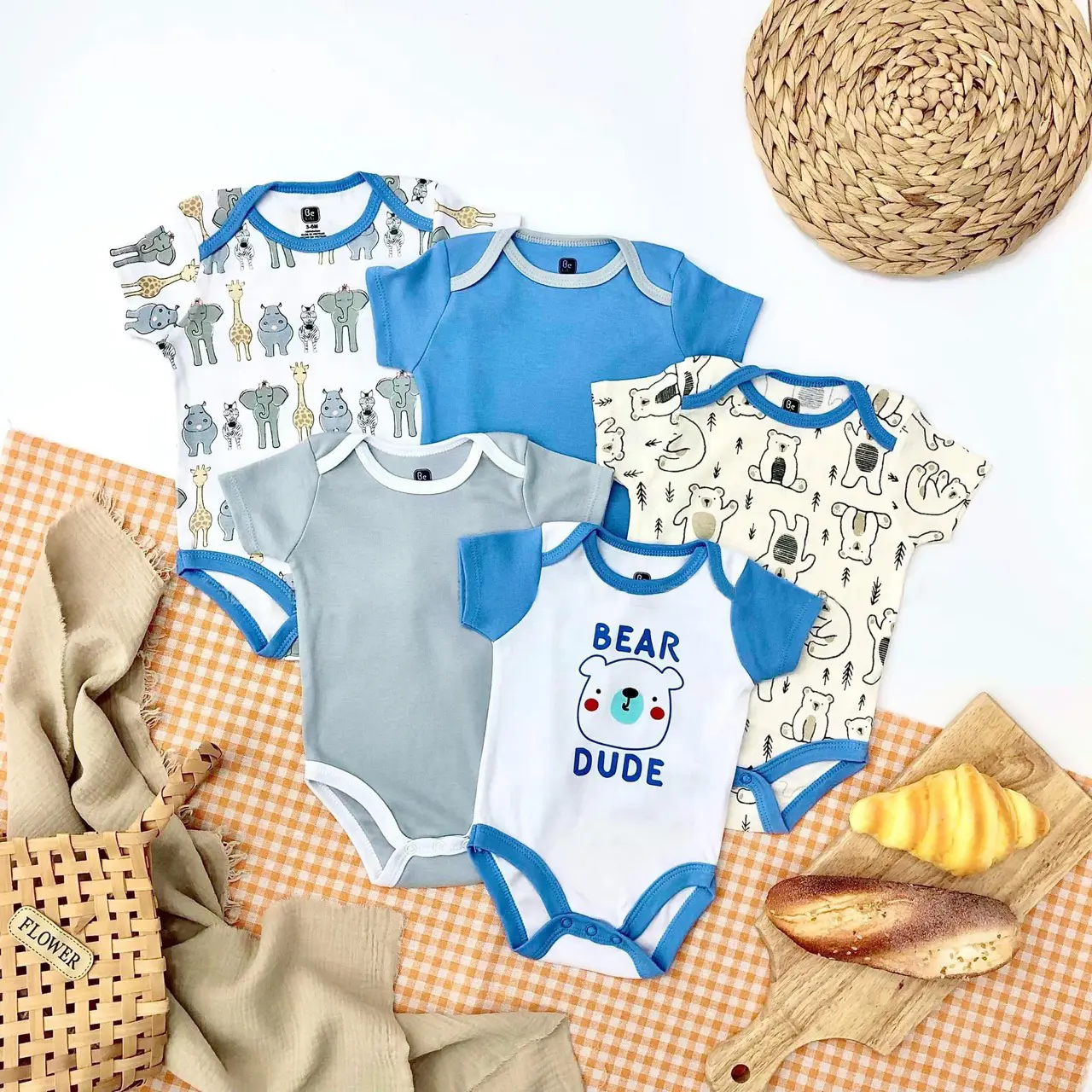 SET 5 Bodysuit Cộc Tay Cho Bé Sơ Sinh, Áo Liền Thân Cho Bé