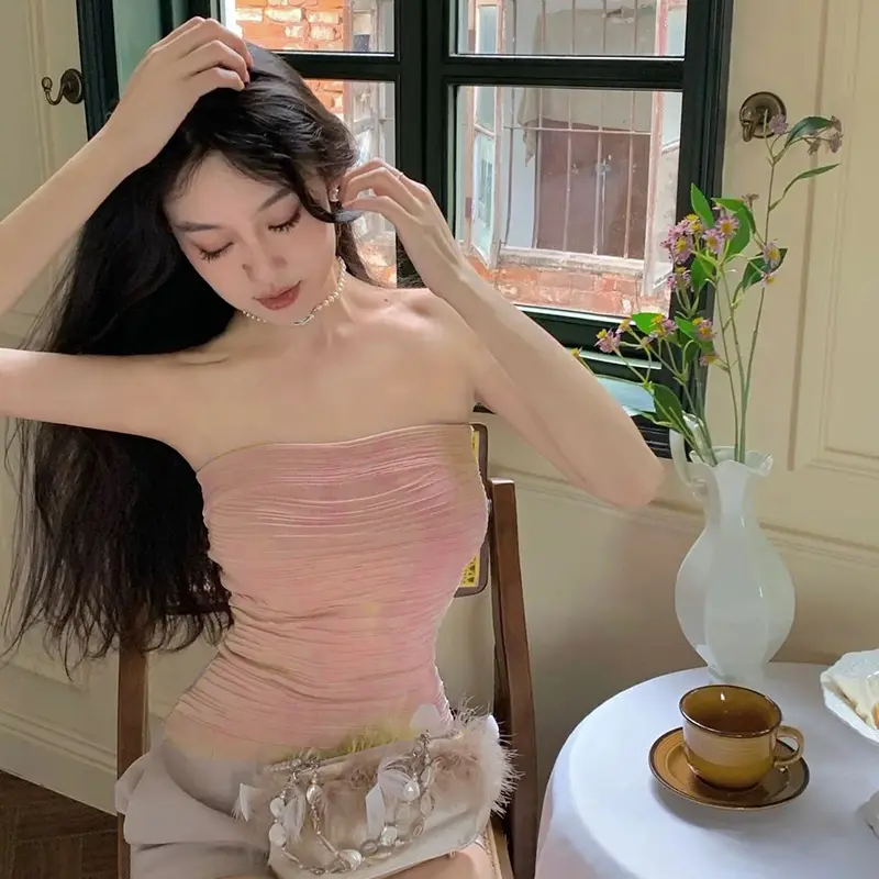 Women Fashion Tube Tops Solid Color Boat Neck Strapless Tank Tops Summer Backless Bandeau Shirts Light Polyester