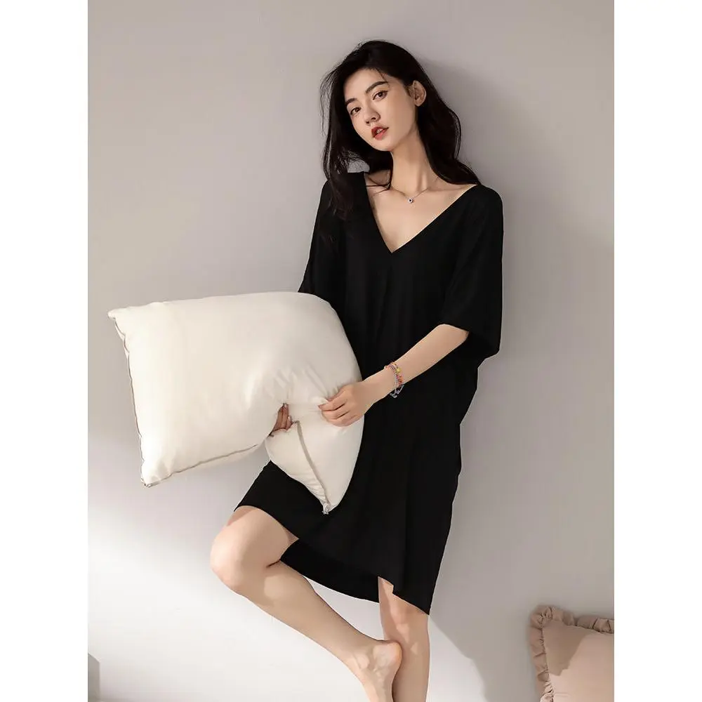 Plus size summer nightdress WOMEN'S thin sexy V-neck short sleeve pajamas homewear