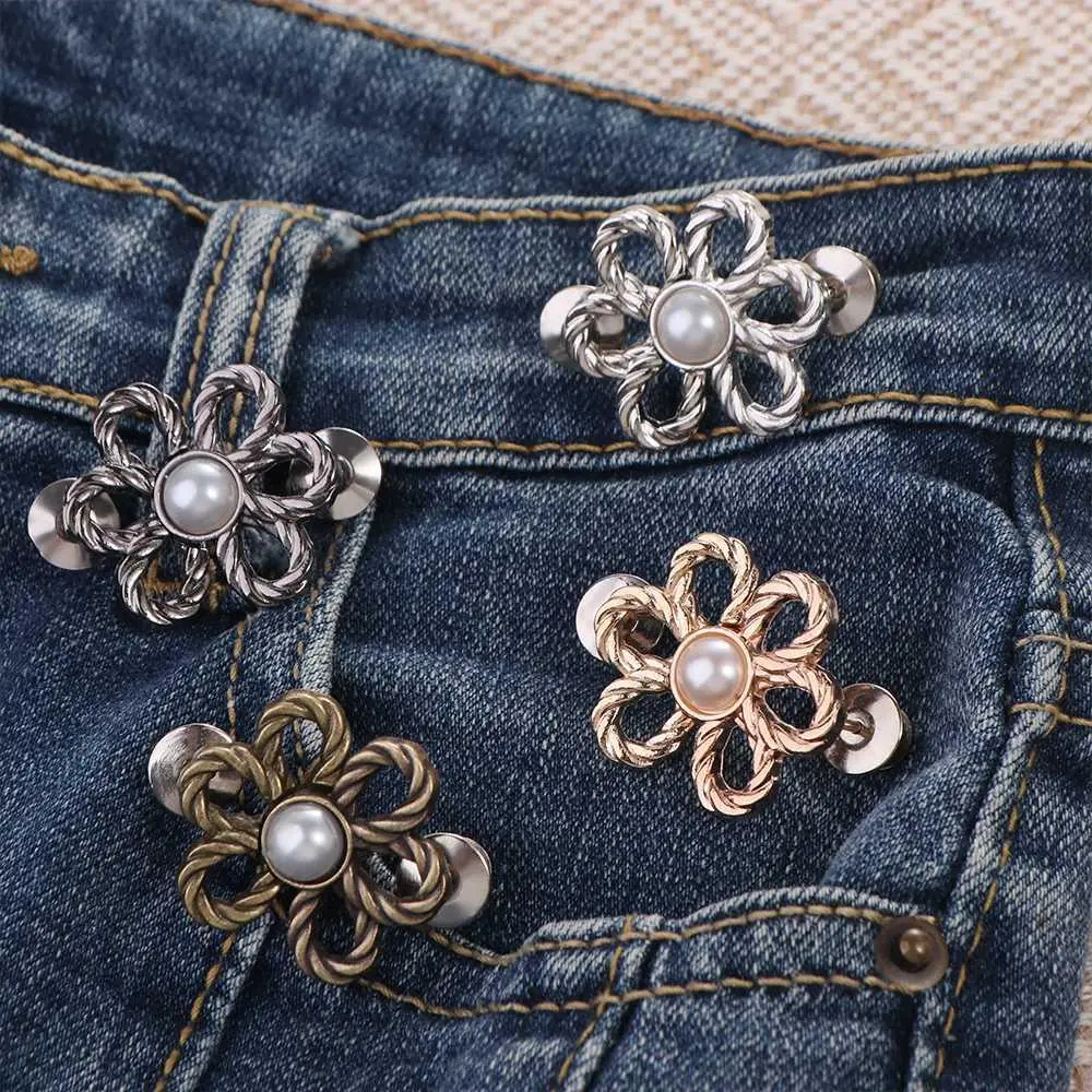 Trendy Alloy Flower Pants Button Tightener Waist Buckle Adjustable Flower Jean Fit Tighten Buckles Bronze Waist Clip Jean Buttons for Loose Jeans Jeans