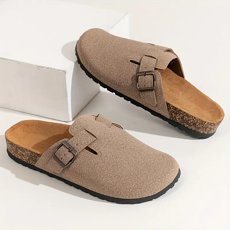 [Stylish Sandals] VOLINTER Women's Plus Size Slide Sandals - Stylish Black PU Cover Cork Slippers | Double Buckle Straps, Thick Sole for Summer Comfort, Casual Outdoor Wear, European Style Sandals, Synthetic Cover Sandals, Strappy Sandals