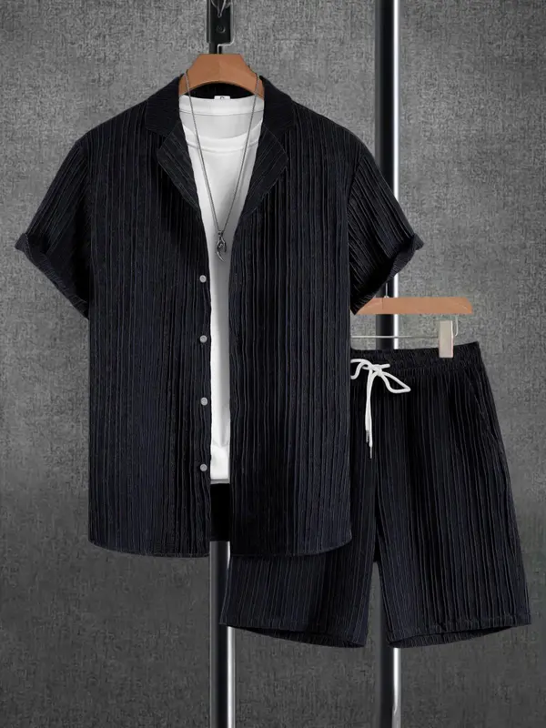 Men's Solid Short Sleeve Top & Shorts Set, Regular Fit Formal Shortsleeve Top & Shorts, Men's Summer Clothes, Sets for Men Clothing, Menswear, Suits, Summer Outfit Set, Casual Matching Set 1
