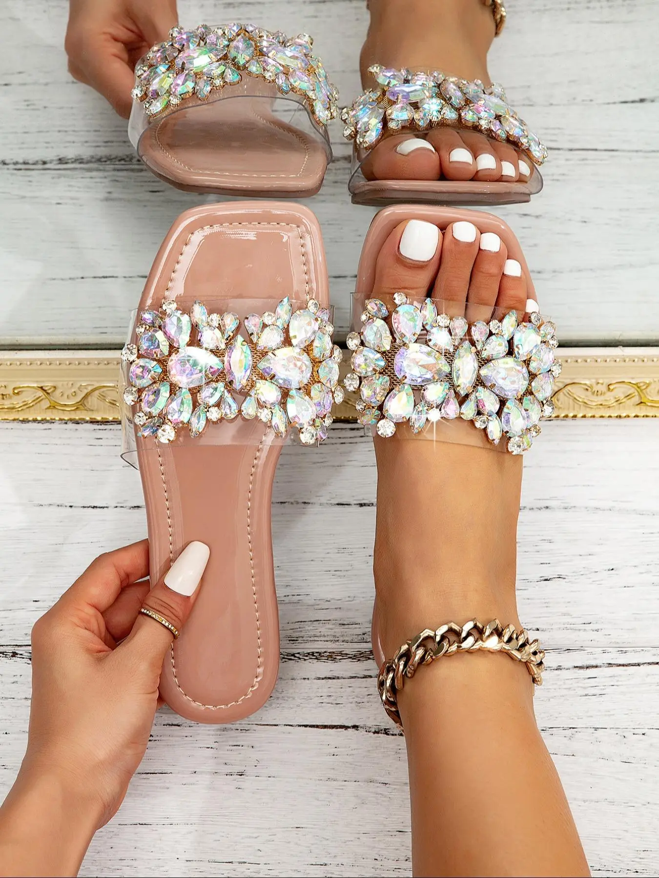 Women's Fashionable Rhinestone Decorated Slide Sandals, Elegant Open Toe Flat Sandals for Beach Vacation, Casual Versatile Shoes for Daily Wear